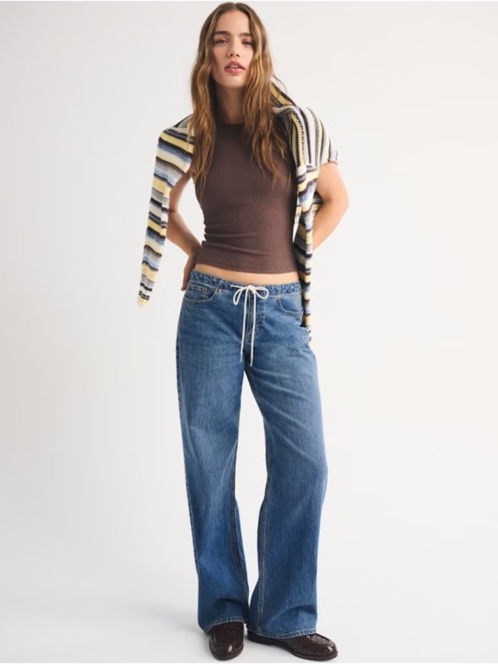 Linen-Blend Low Rise Ultra Loose Drawstring Jeans